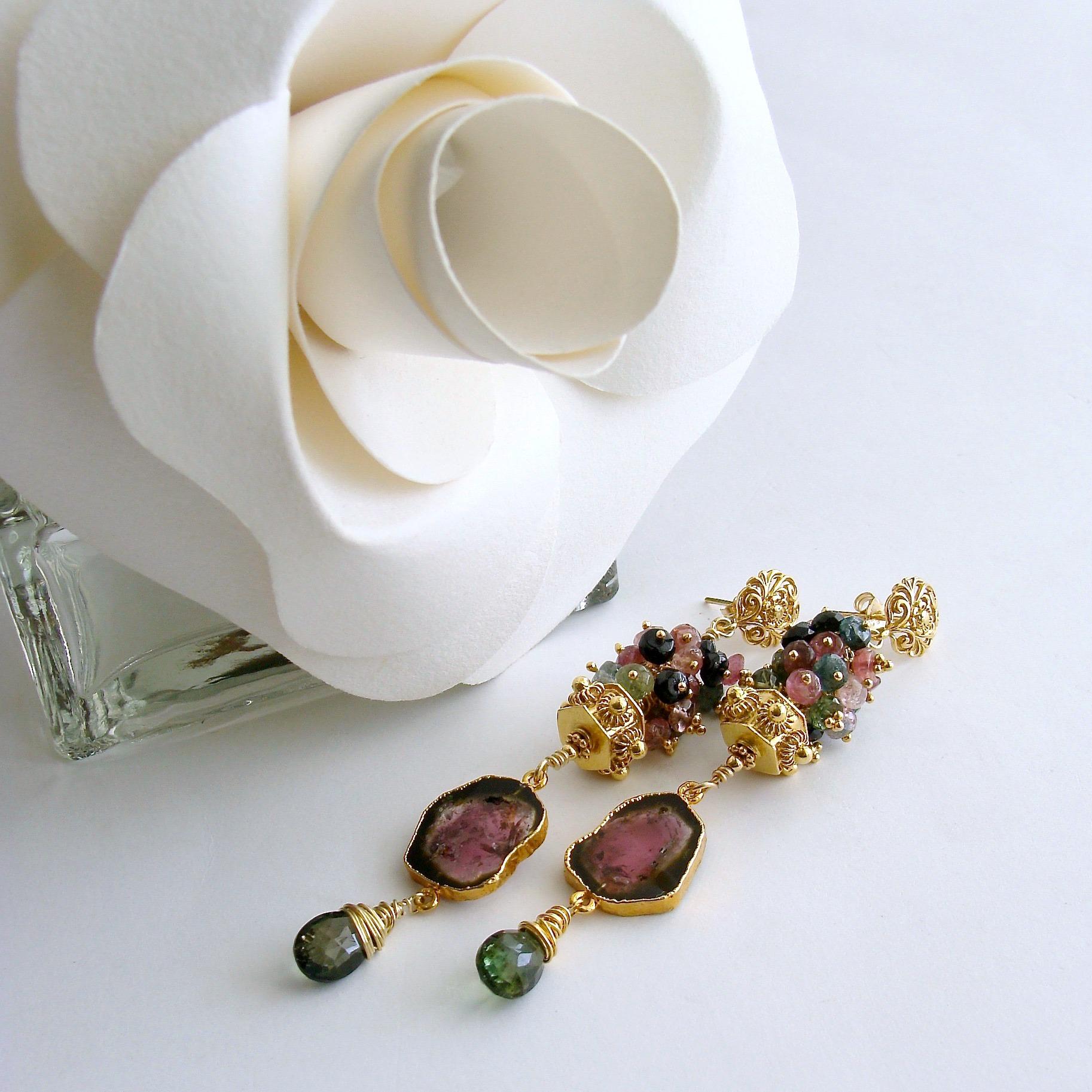 Tourmaline Slices Long Tourmaline Cluster Earrings, Tatiana Earrings In New Condition In Colleyville, TX