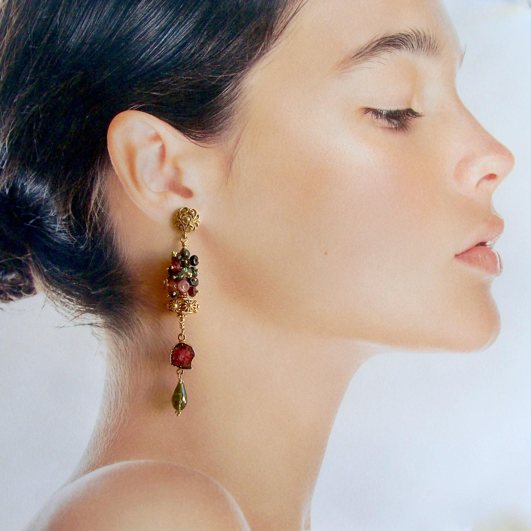 Tourmaline Slices Long Tourmaline Cluster Earrings, Tatiana IV Earrings In New Condition In Colleyville, TX