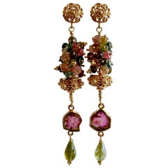 Tourmaline Slices Long Tourmaline Cluster Earrings, Tatiana IV Earrings