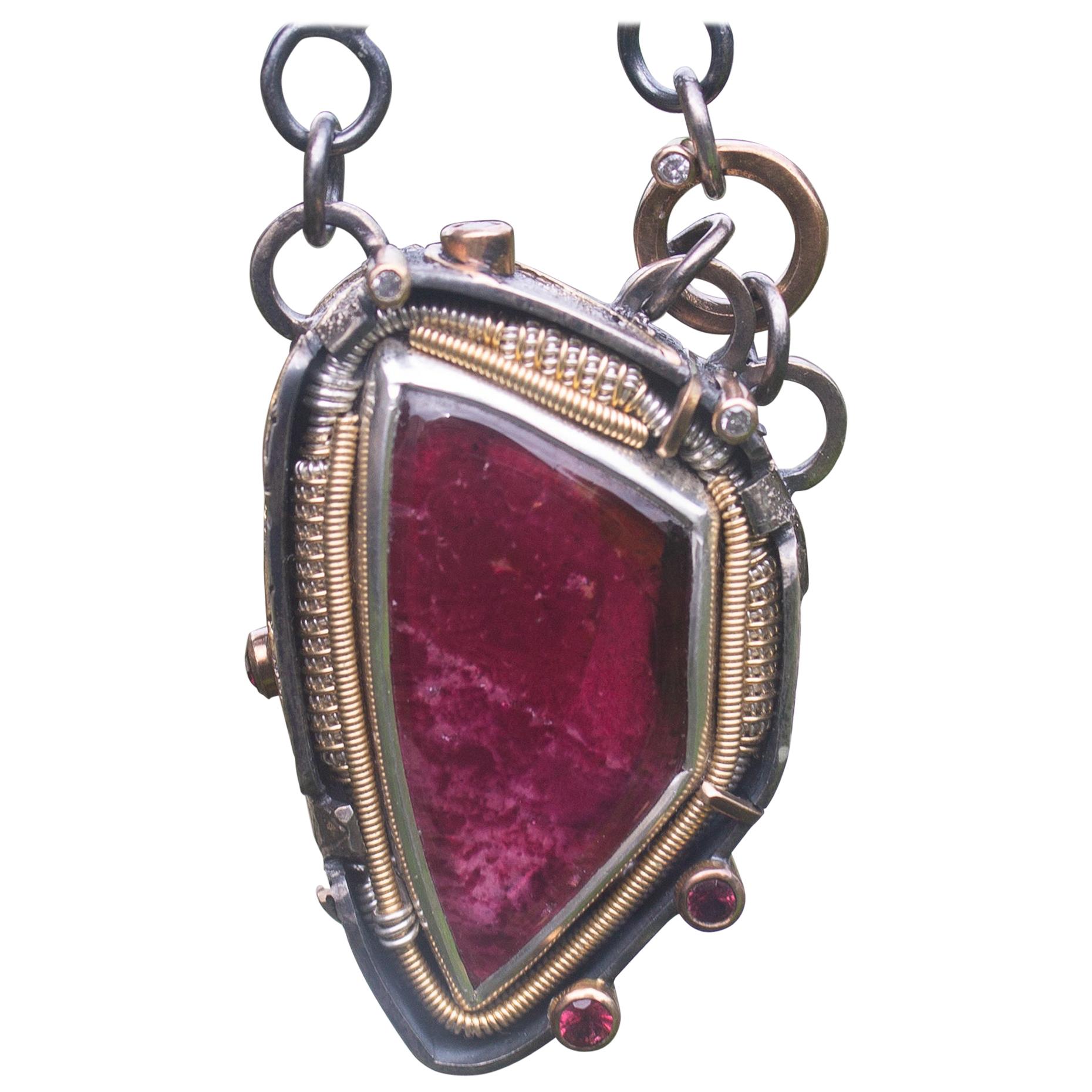 Tourmaline Spinel Diamond 14 Karat Gold Silver Wire Wrapped Necklace