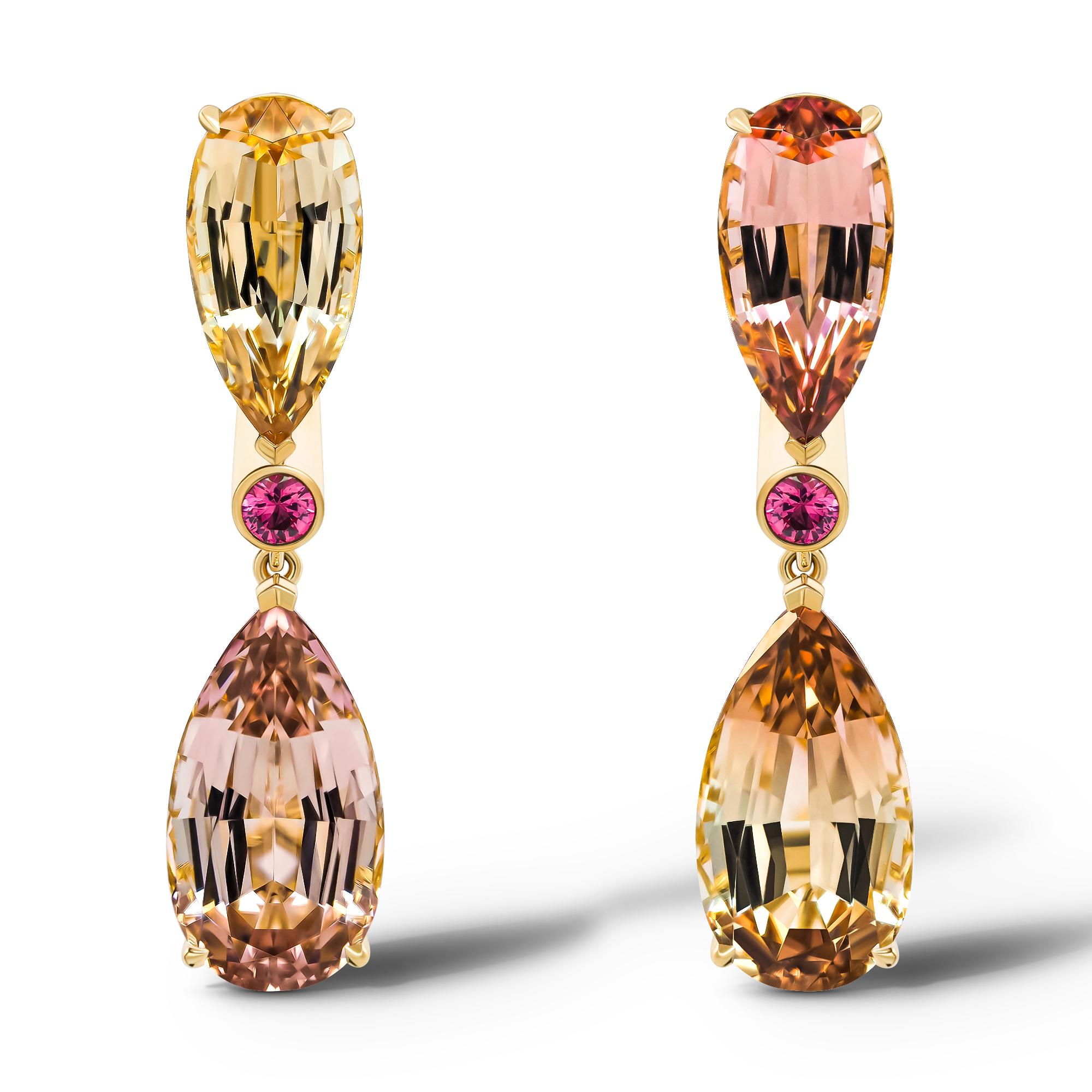 • 18k Yellow Gold.
• Tourmalines in drop cut – 4 pc, total carat weight – 13.24. 
• Spinels in round cut – 2 pc, total carat weight – 0.25.
• Product weight – 4.30 grams.