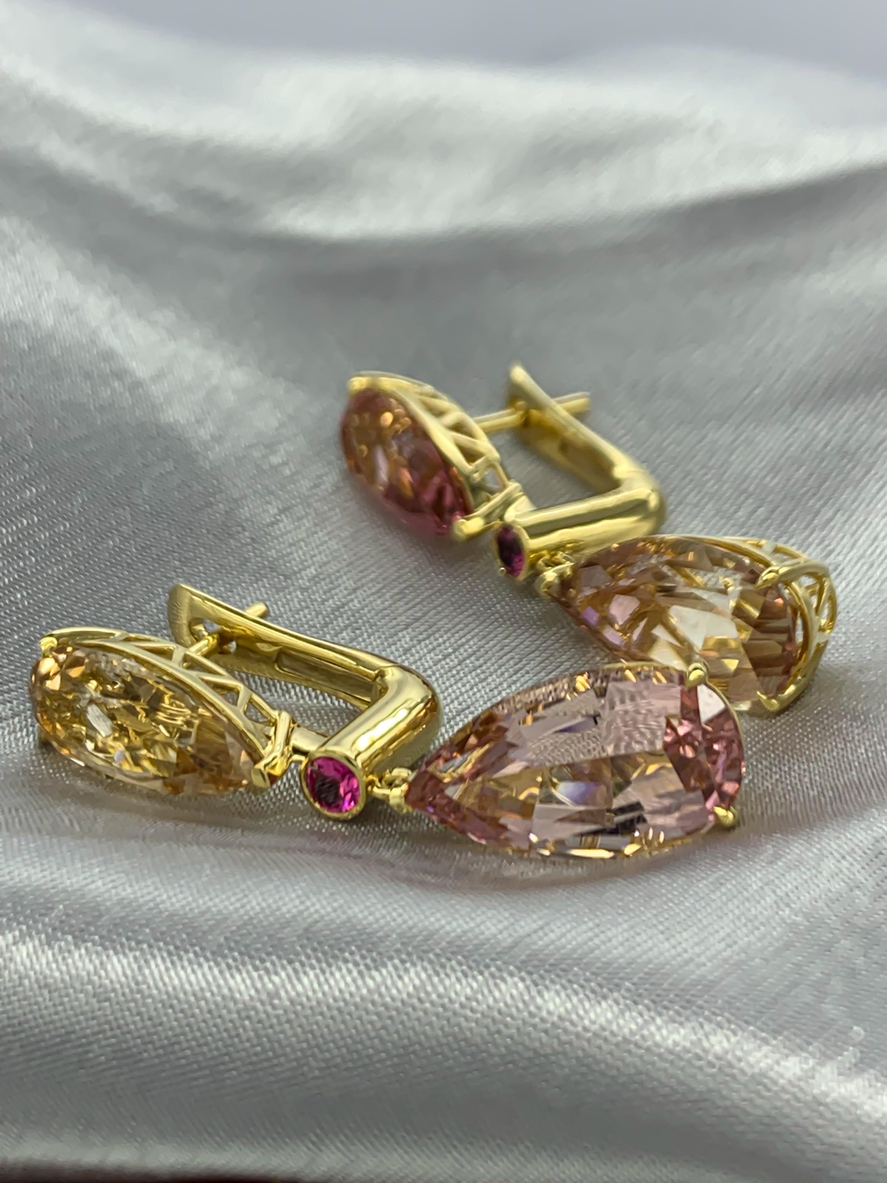 Artisan Tourmaline & Spinels Earrings, 18k Yellow Gold Tourmaline & Spinels Earrings