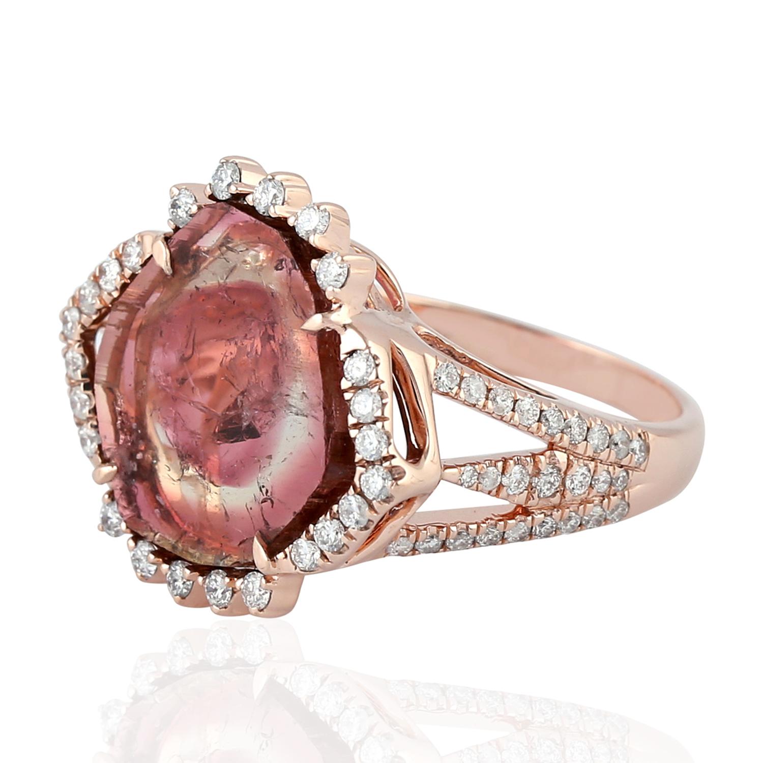 Art Deco Watermelon Tourmaline Stone Cocktail Ring with Pave Diamond Made in 18k Gold For Sale