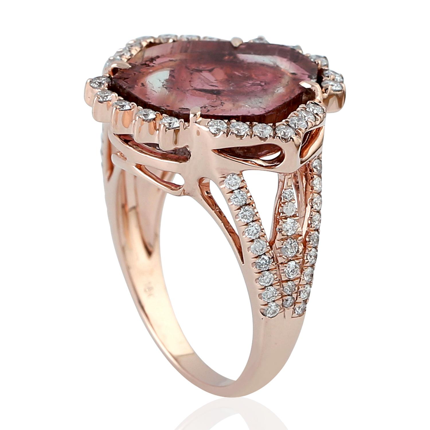Watermelon Tourmaline Stone Cocktail Ring with Pave Diamond Made in 18k Gold In New Condition For Sale In New York, NY