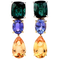 Tourmaline Tanzanite and Imperial Topaz 18 Karat Gold Drop Dangle Earrings