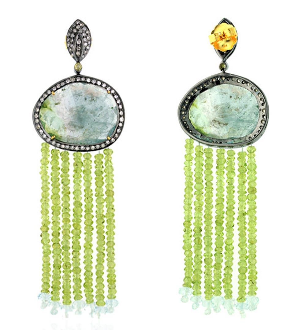 Contemporary Tourmaline Tassel Earrings With Aquamarine & Pave Diamonds In 18k Gold & Silver For Sale