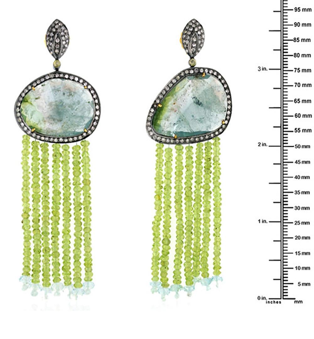 Mixed Cut Tourmaline Tassel Earrings With Aquamarine & Pave Diamonds In 18k Gold & Silver For Sale