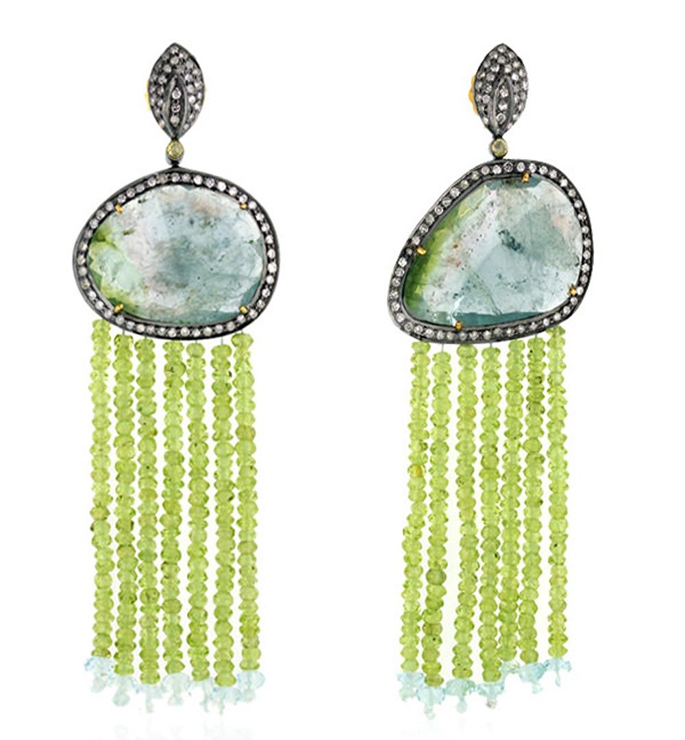Tourmaline Tassel Earrings With Aquamarine & Pave Diamonds In 18k Gold & Silver In New Condition For Sale In New York, NY