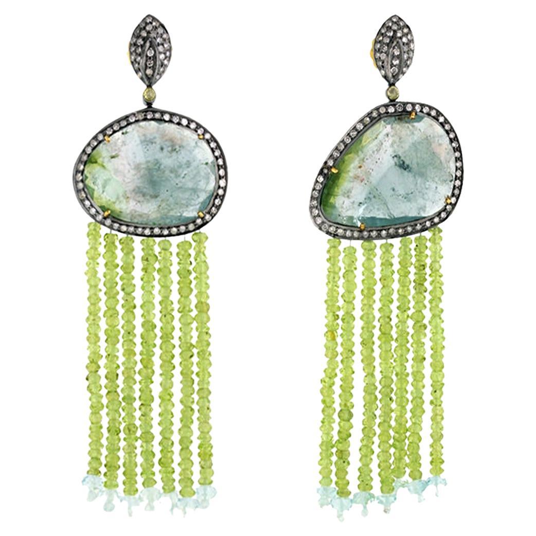 Tourmaline Tassel Earrings With Aquamarine & Pave Diamonds In 18k Gold & Silver