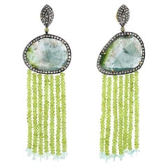 Tourmaline Tassel Earrings With Aquamarine & Pave Diamonds In 18k Gold & Silver