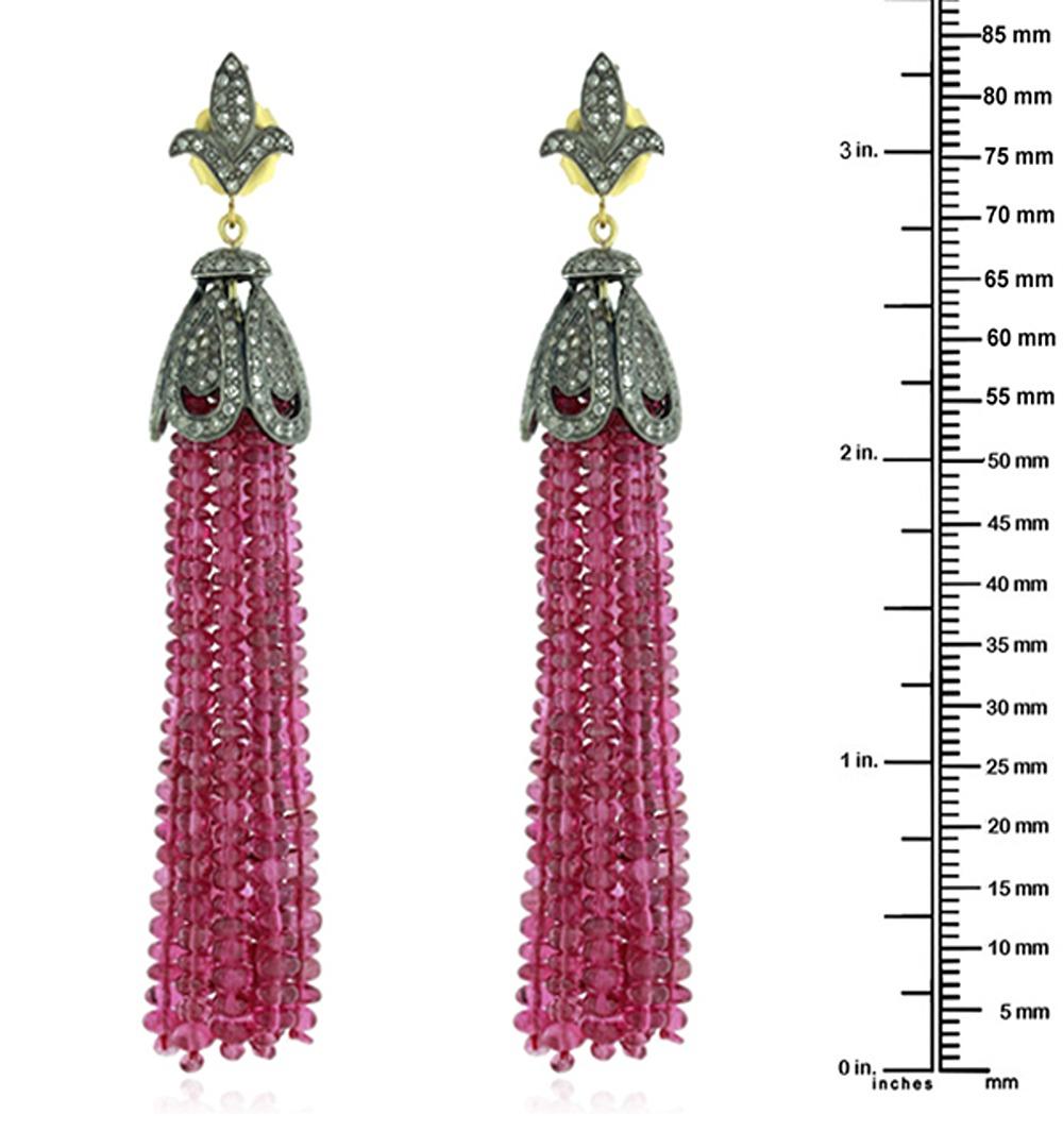 Mixed Cut Tourmaline Tassel Earrrings With Diamonds Made In 18k Gold & Silver For Sale