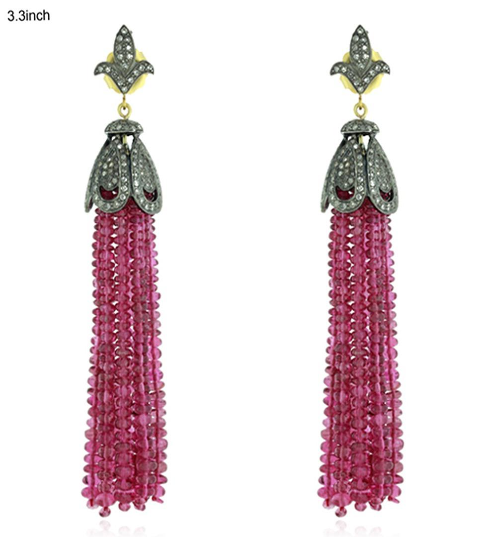 Tourmaline Tassel Earrrings With Diamonds Made In 18k Gold & Silver In New Condition For Sale In New York, NY