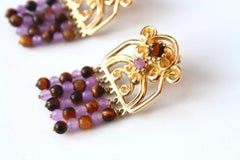 Tourmaline Tiger Eyes 18 Karat Gold Fringe Etrusco Earrings