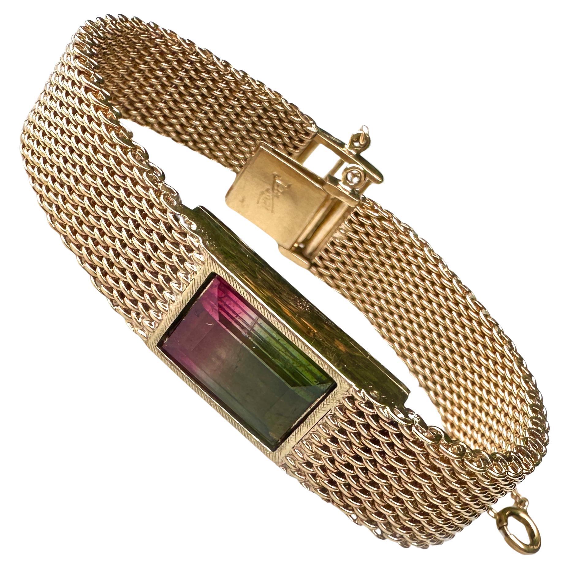 "Tourmaline Time" Ladies Mesh Wristwatch Conversion Bracelet in 14 Karat Gold For Sale
