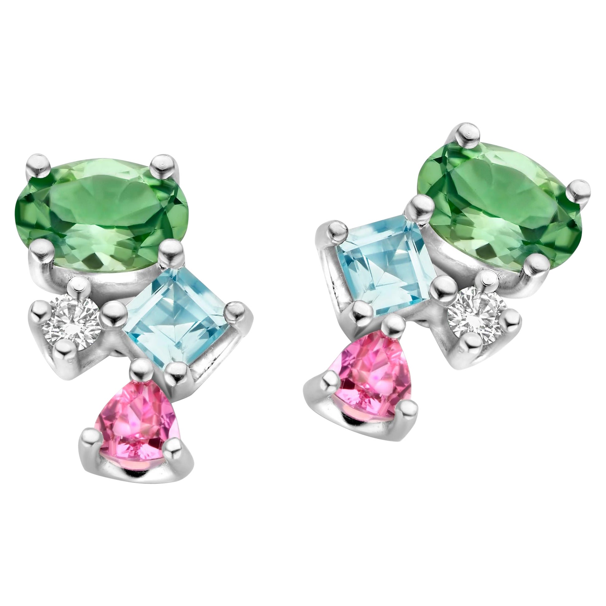 Boucles d'oreilles or blanc tourmaline topaze diamant