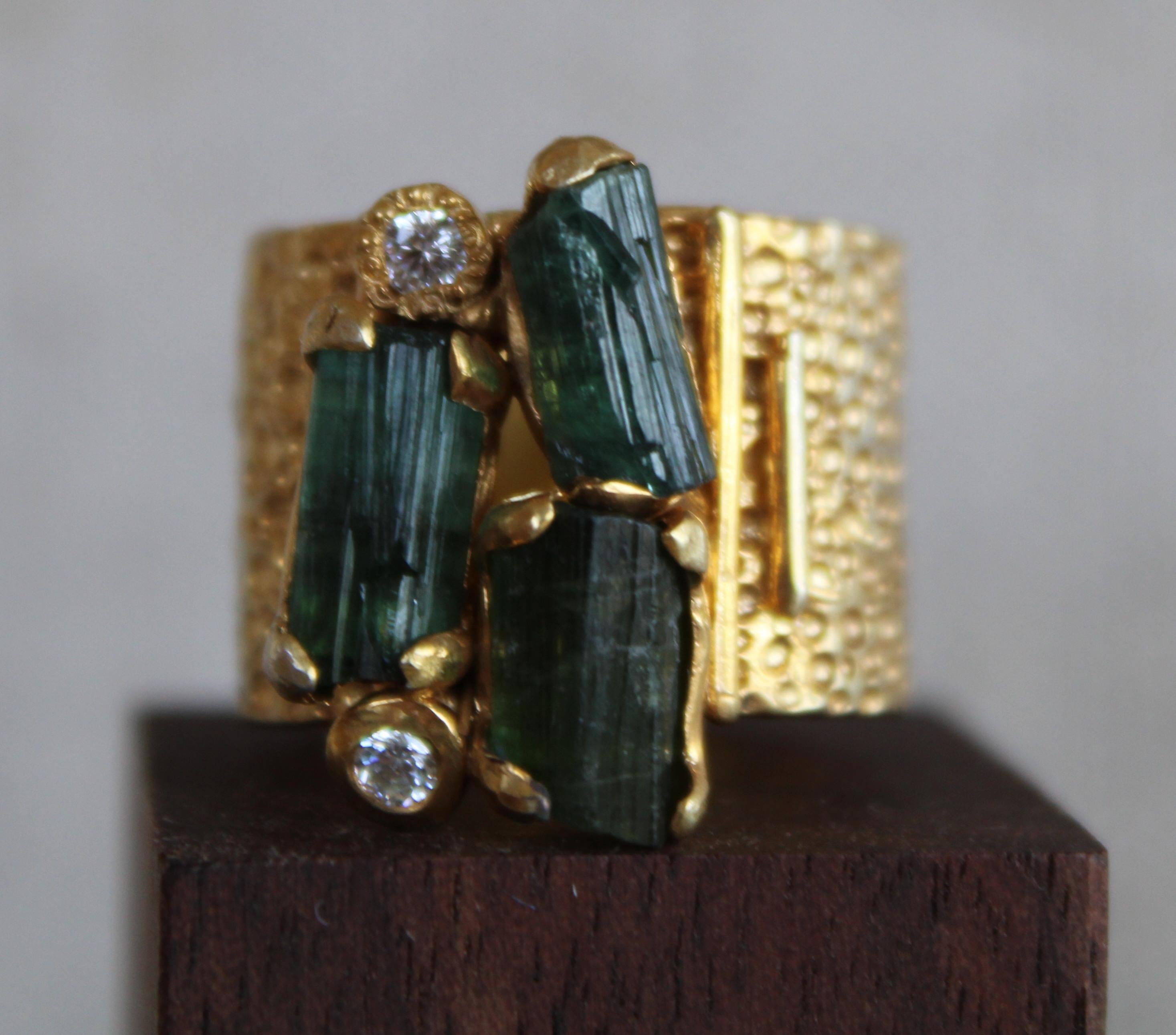Rough Cut Tourmaline & Topaz Gold Cocktail Ring For Sale