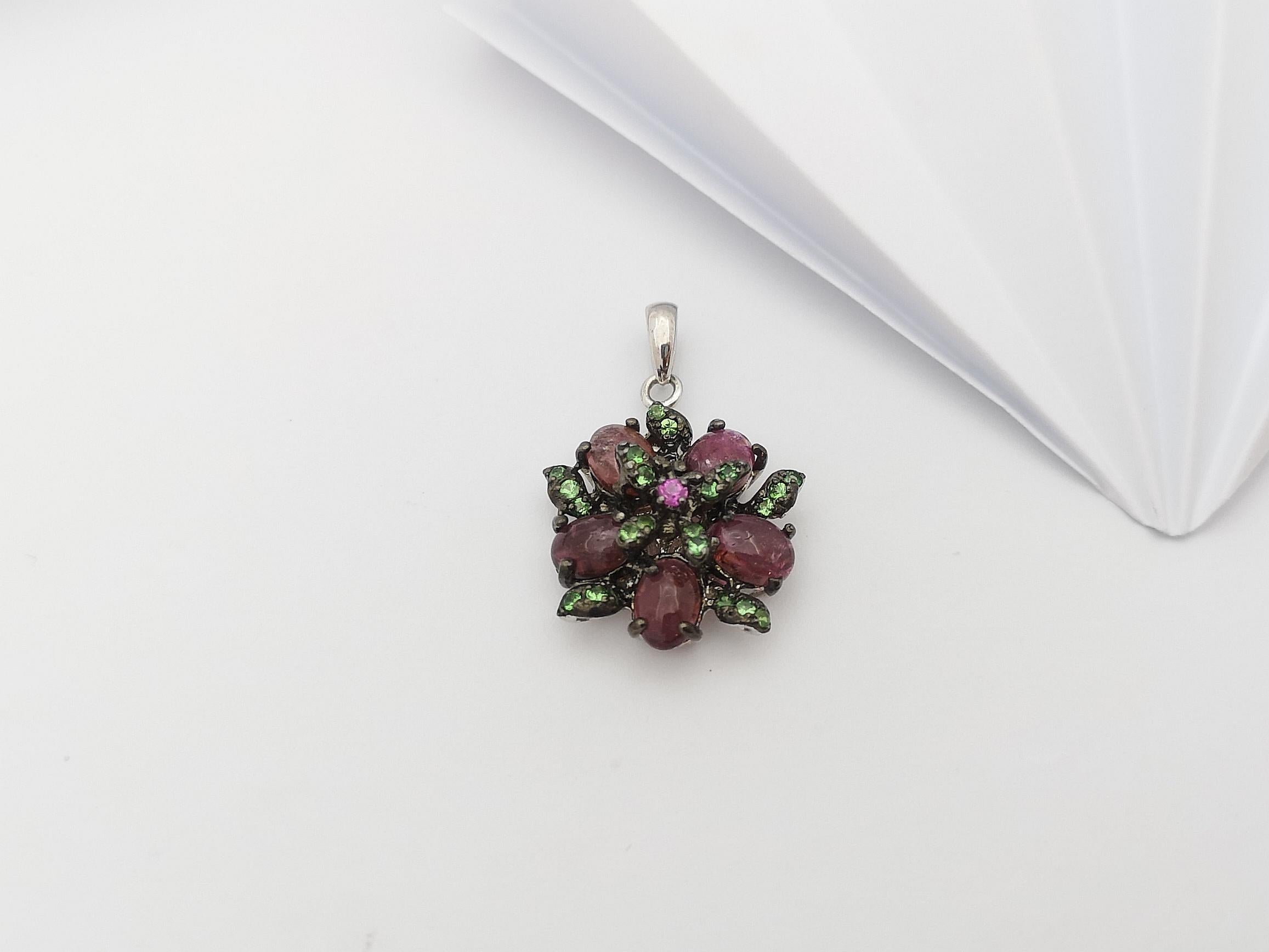 Contemporary Tourmaline, Tsavorite and Pink Sapphire Pendant set in Silver Settings For Sale