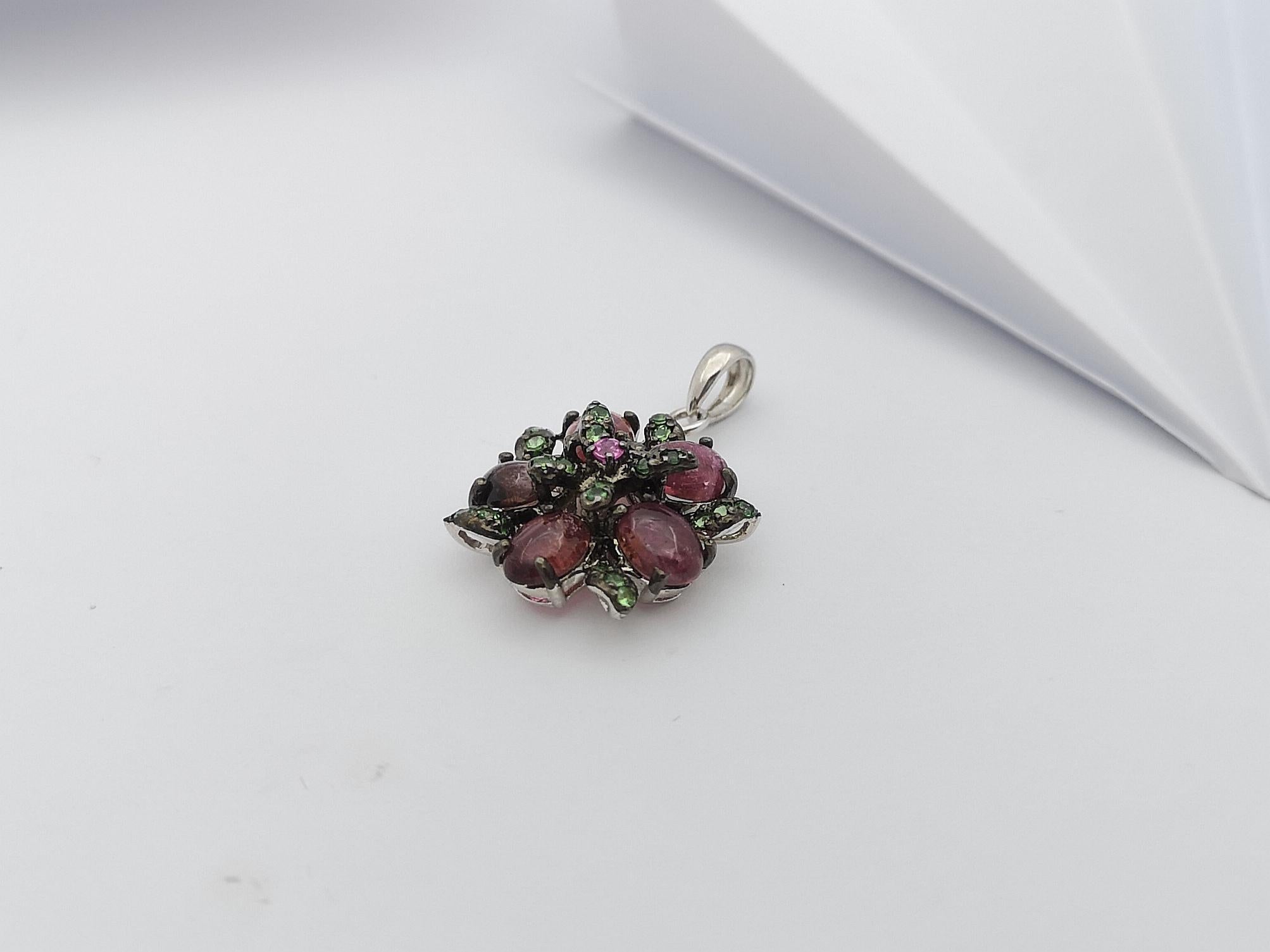 Mixed Cut Tourmaline, Tsavorite and Pink Sapphire Pendant set in Silver Settings For Sale