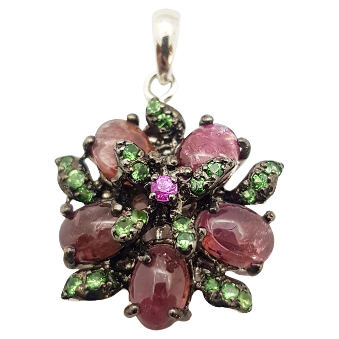 Tourmaline, Tsavorite and Pink Sapphire Pendant set in Silver Settings For Sale