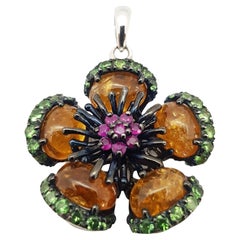 Tourmaline, Tsavorite and Ruby Pendant set in Silver Settings