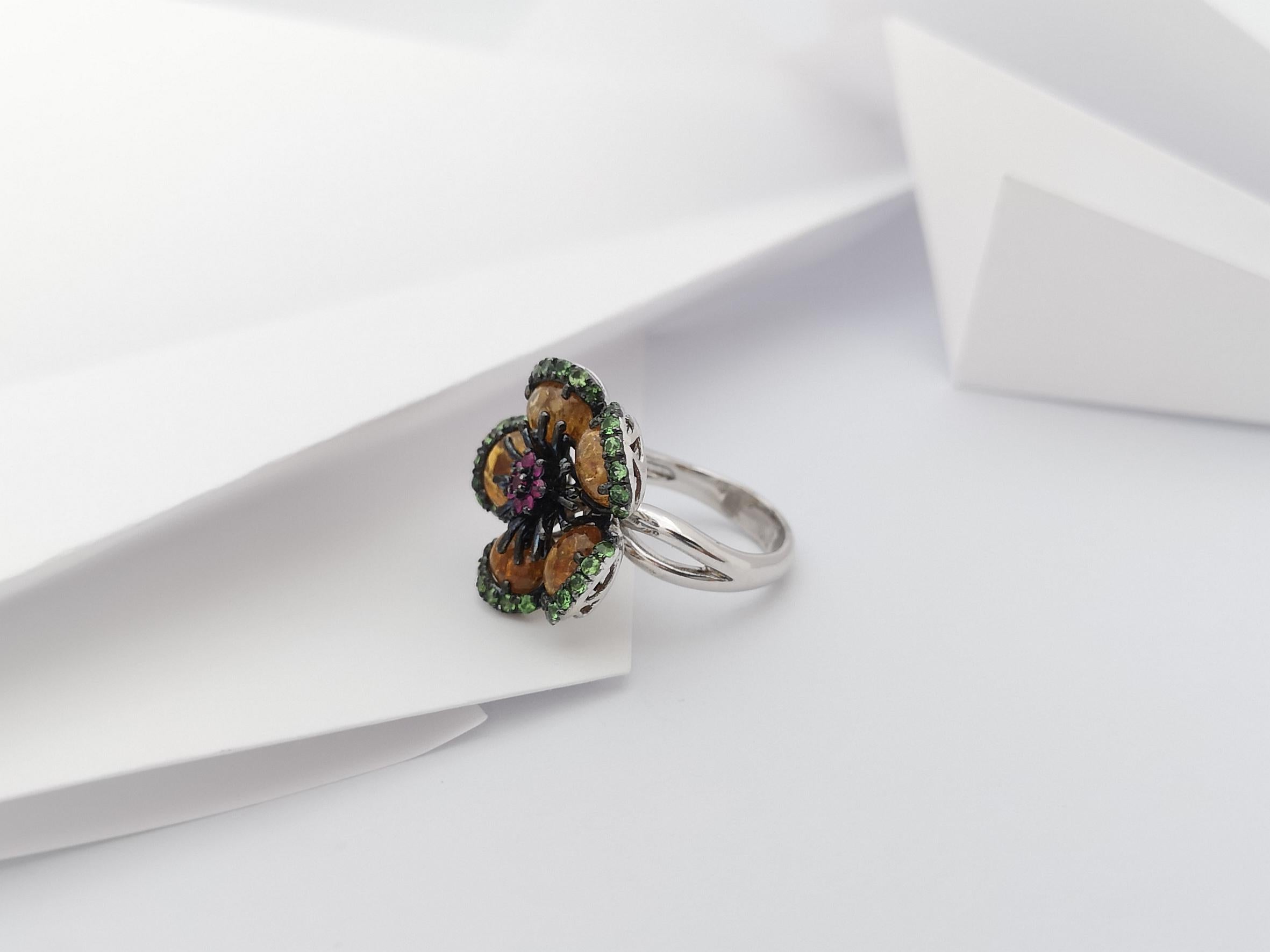 Tourmaline, Tsavorite and Ruby Ring set in Silver Settings For Sale 6
