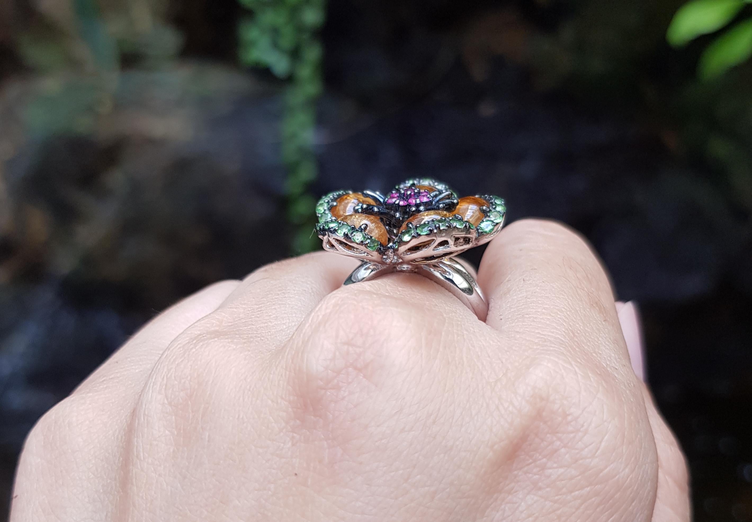 Contemporary Tourmaline, Tsavorite and Ruby Ring set in Silver Settings For Sale