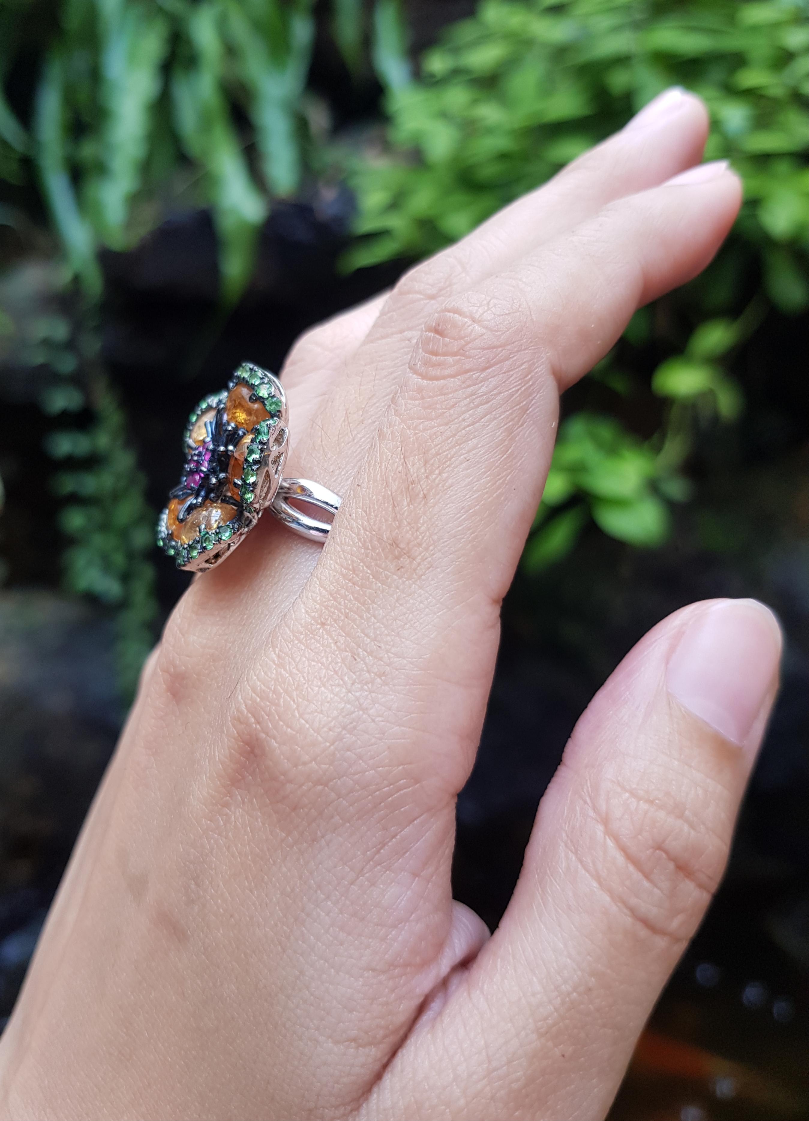 Women's Tourmaline, Tsavorite and Ruby Ring set in Silver Settings For Sale