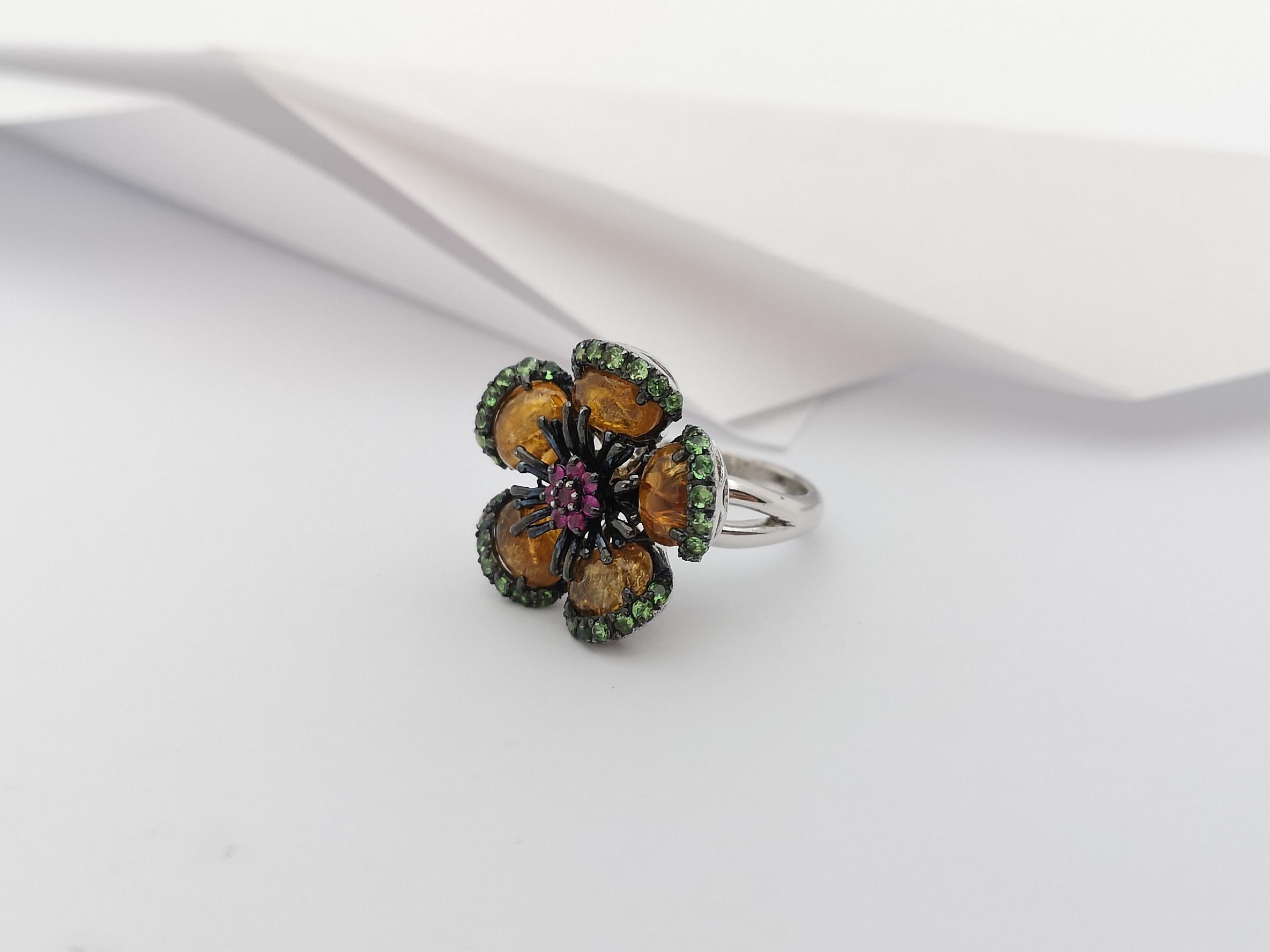 Tourmaline, Tsavorite and Ruby Ring set in Silver Settings For Sale 3