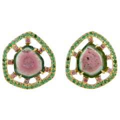 Clous d'oreilles en or 18 carats avec tourmaline, tsavorite et diamant