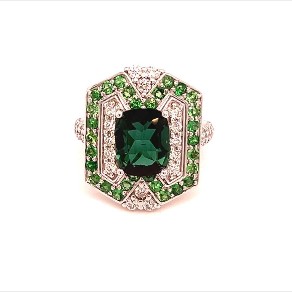 Cushion Cut Tourmaline Tsavorite Diamond Ring 14k Gold 5.55 TCW GIA Certified For Sale