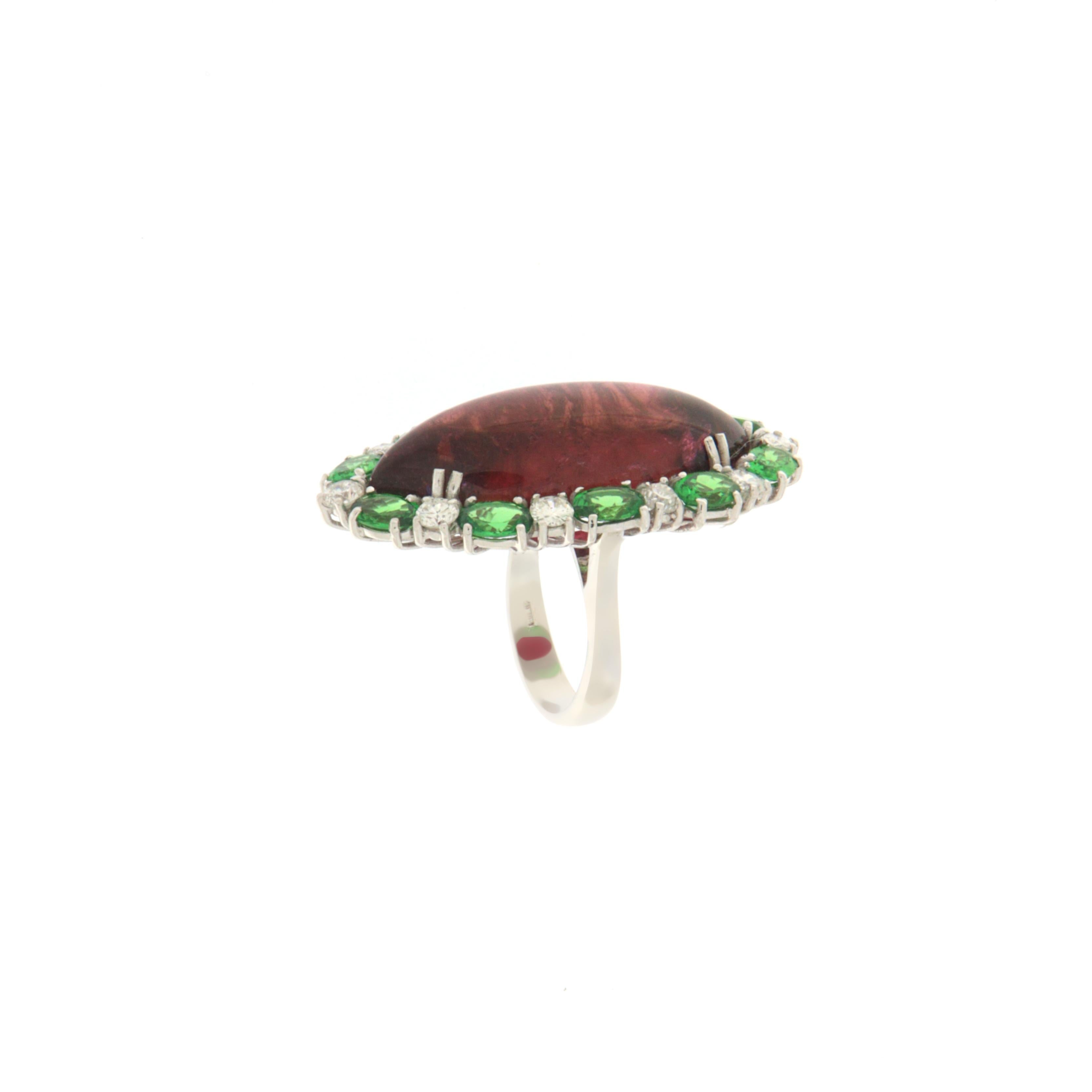 Tourmaline Tsavorite Diamonds 18 Karat White Gold Cocktail Ring In New Condition For Sale In Marcianise, IT
