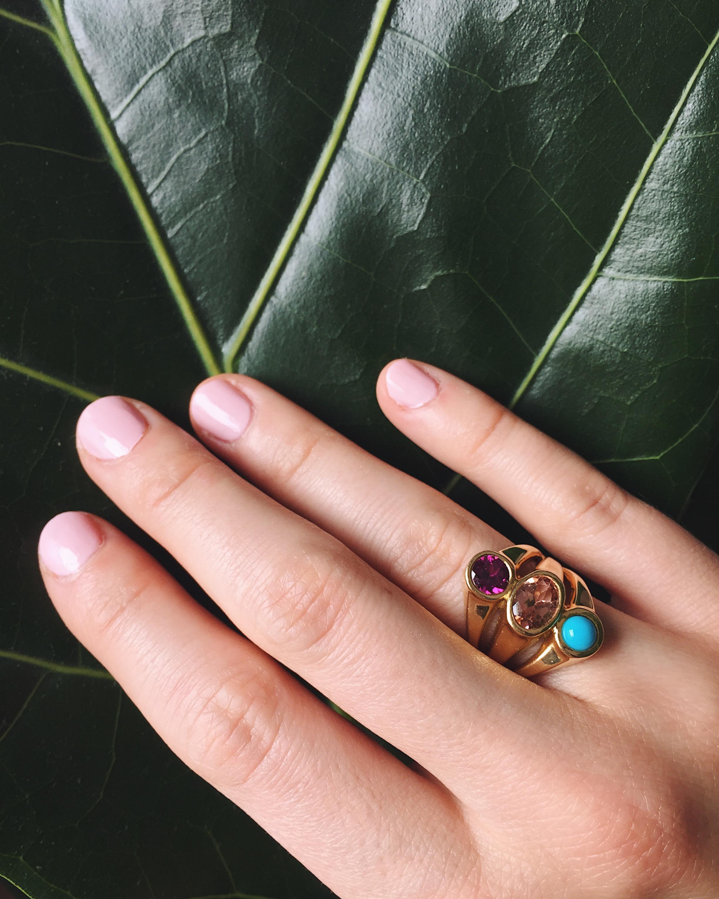 Contemporary Tourmaline, Turquoise and Garnet Statement Ring For Sale