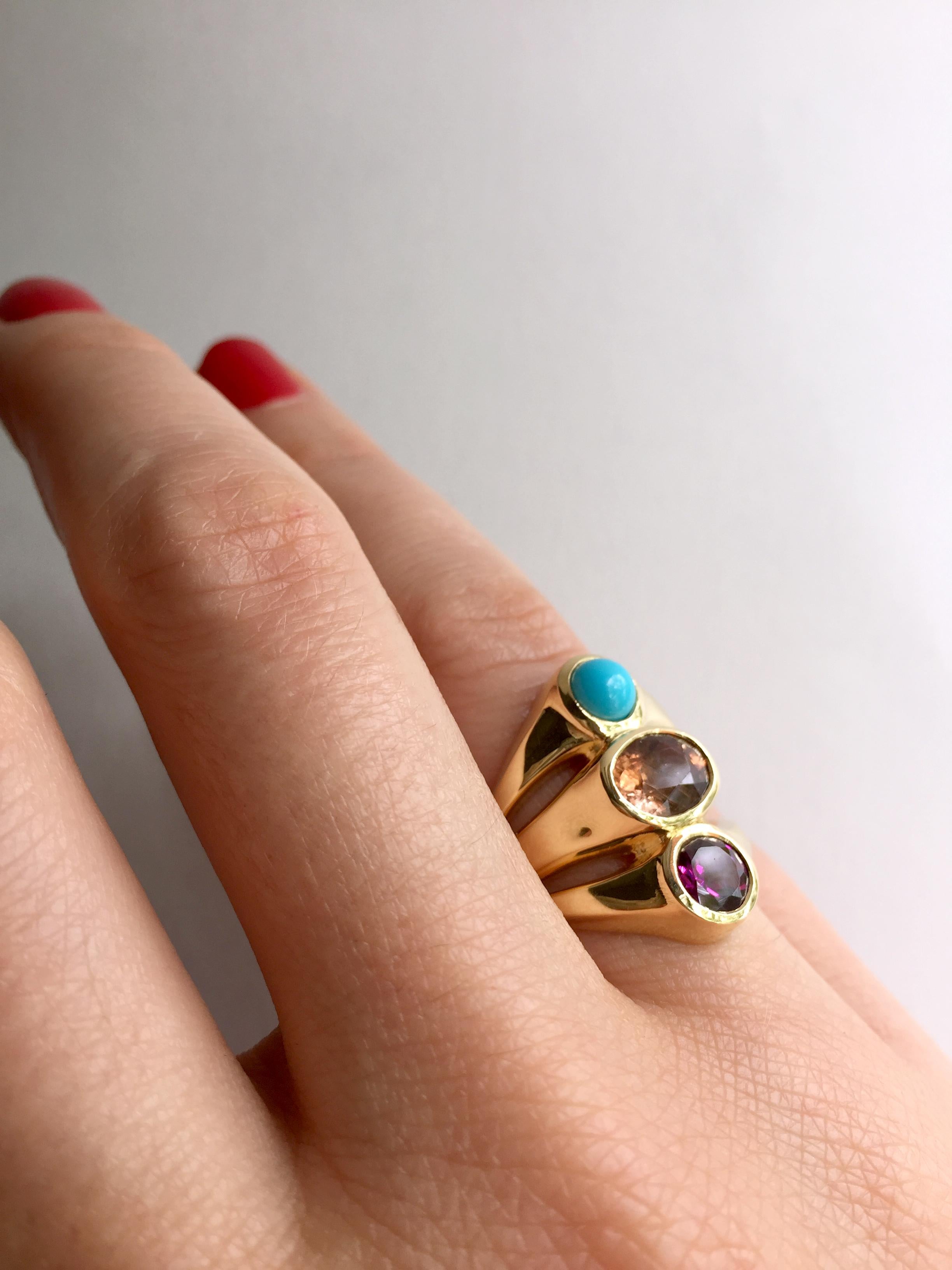 Oval Cut Tourmaline, Turquoise and Garnet Statement Ring For Sale