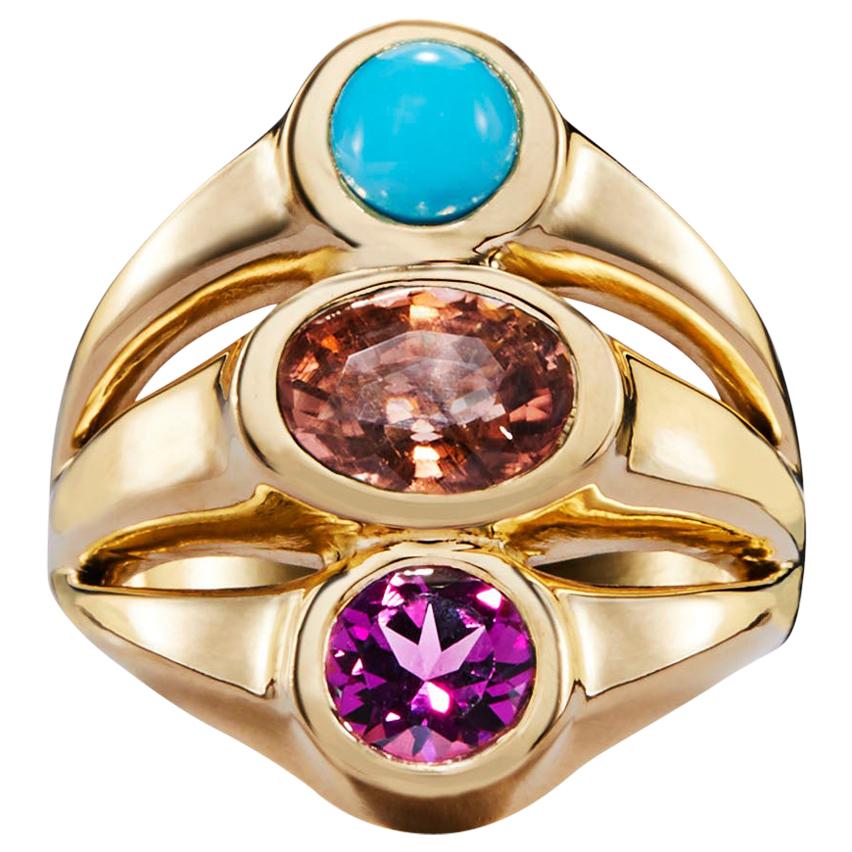Tourmaline, Turquoise and Garnet Statement Ring For Sale