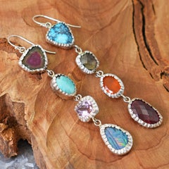 Tourmaline, Turquoise and Opal Sterling Silver Asymmetrical Dangle Earrings