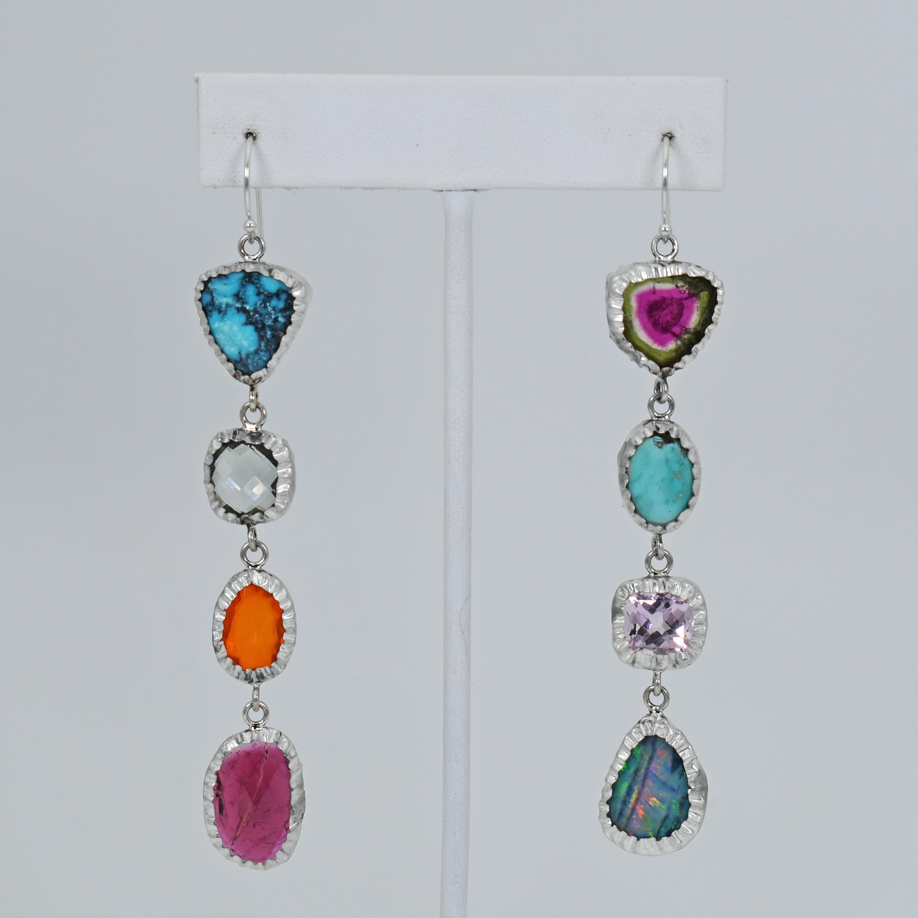 Contemporary Tourmaline, Turquoise and Opal Sterling Silver Asymmetrical Dangle Earrings For Sale