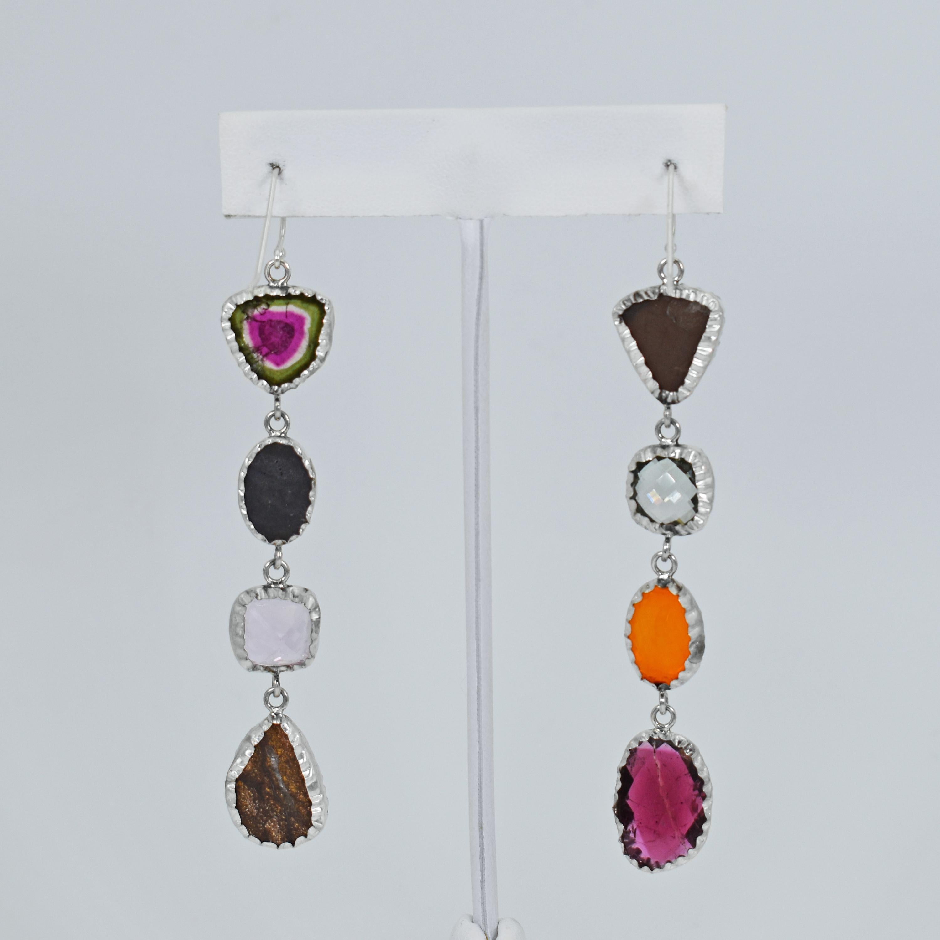 Asymmetrische Ohrringe aus Sterlingsilber mit Turmalin, Türkis und Opal im Zustand „Neu“ im Angebot in Naples, FL