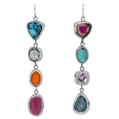 Tourmaline, Turquoise and Opal Sterling Silver Asymmetrical Dangle Earrings