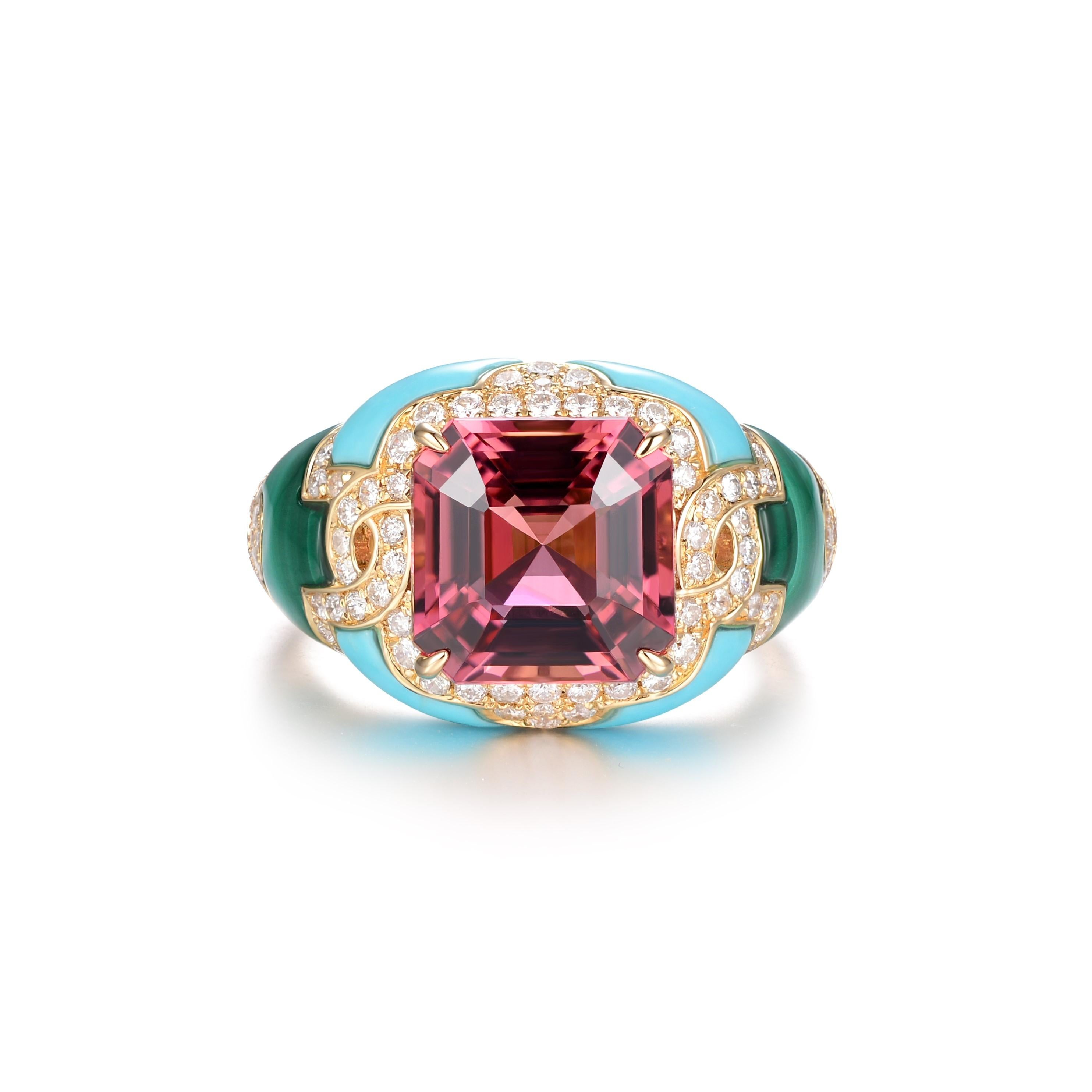 Introducing our stunning 18 karat yellow gold tourmaline cocktail ring, featuring a gorgeous 4.21 carat square cut tourmaline with a strong pink hue, surrounded by a handcrafted arrangement of turquoise and malachite stones. The intricate design is