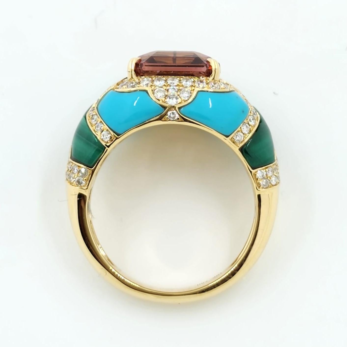 Women's 4.21 Carat Tourmaline Turquoise Diamond Cocktail Ring in 18 Karat Yellow Gold For Sale