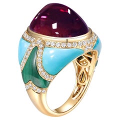 Tourmaline Turquoise Malachite Diamond Cocktail Ring in 18 Karat Yellow Gold