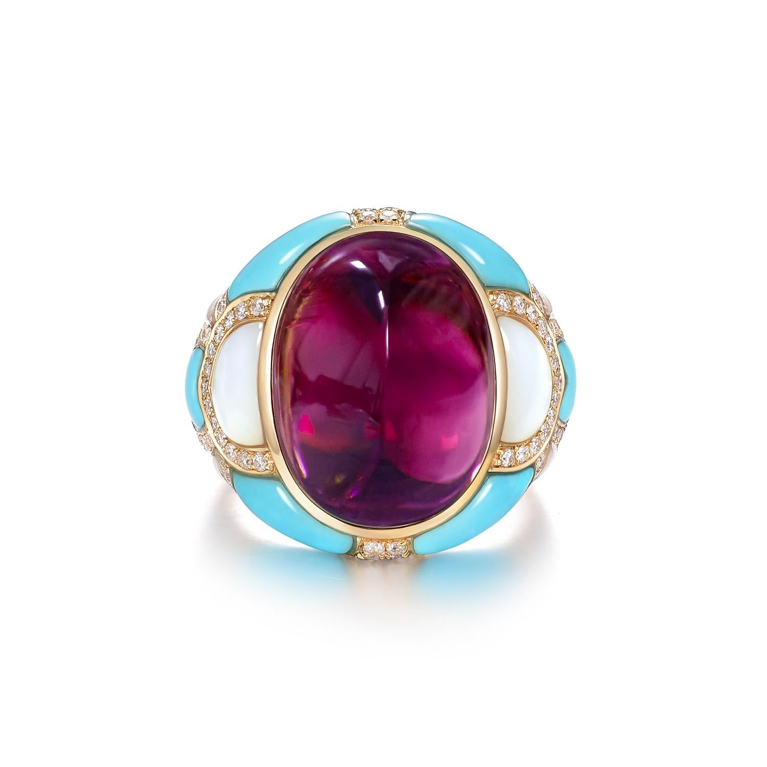 Allow me to introduce you to a ring that exudes understated elegance and timeless beauty. Crafted from premium 18 karat yellow gold, this exquisite piece features a 12.94 carat tourmaline at its center, measuring 17x13mm, which is the epitome of