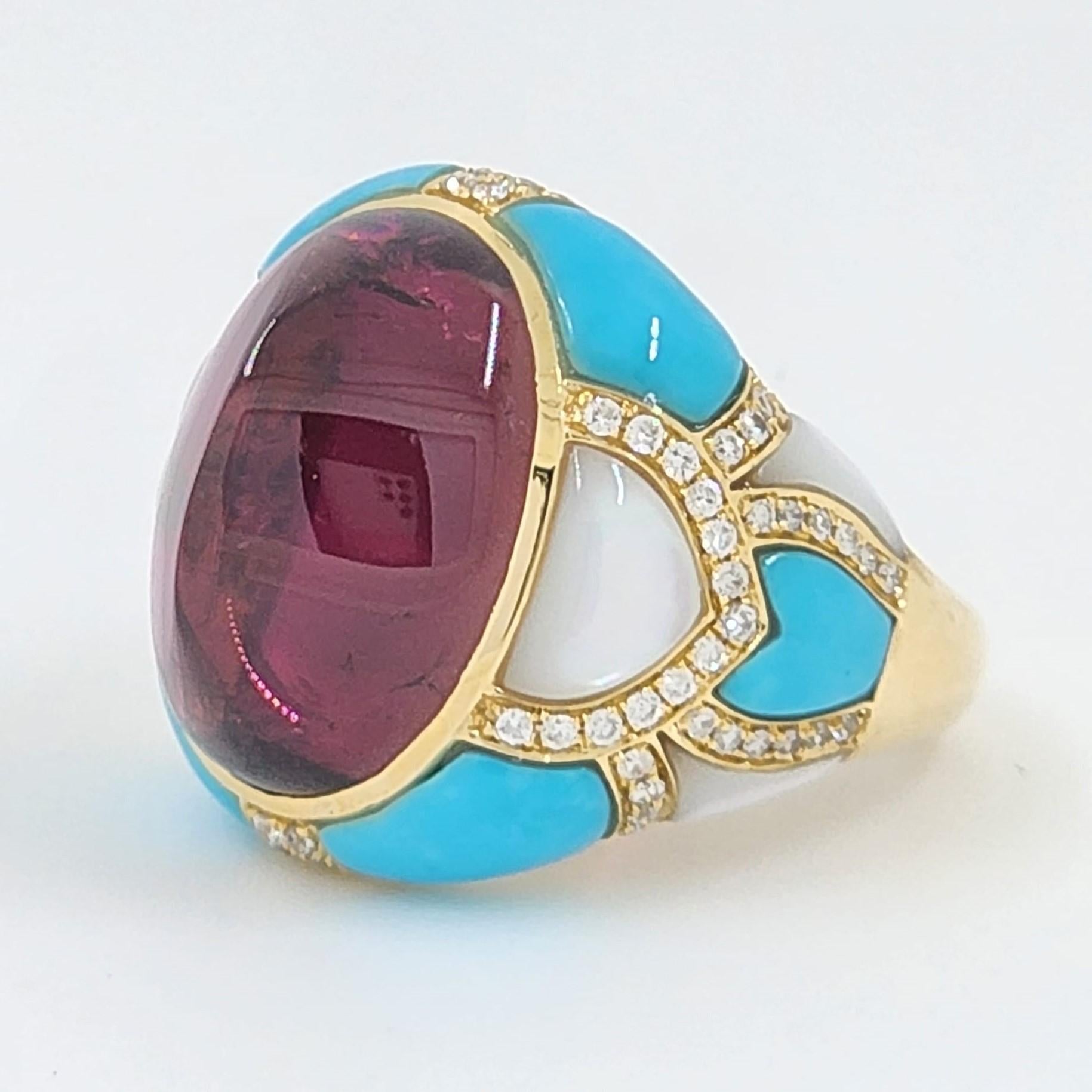 Art Deco Tourmaline Turquoise Mother-of-Pearl Diamond Cocktail Ring in 18k Yellow Gold