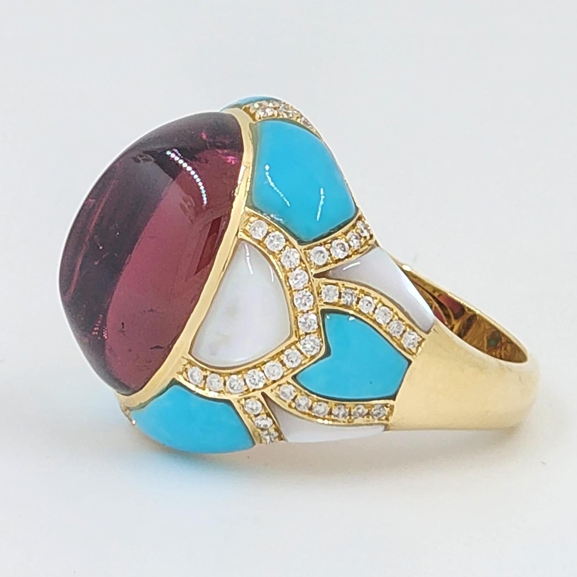 Cabochon Tourmaline Turquoise Mother-of-Pearl Diamond Cocktail Ring in 18k Yellow Gold