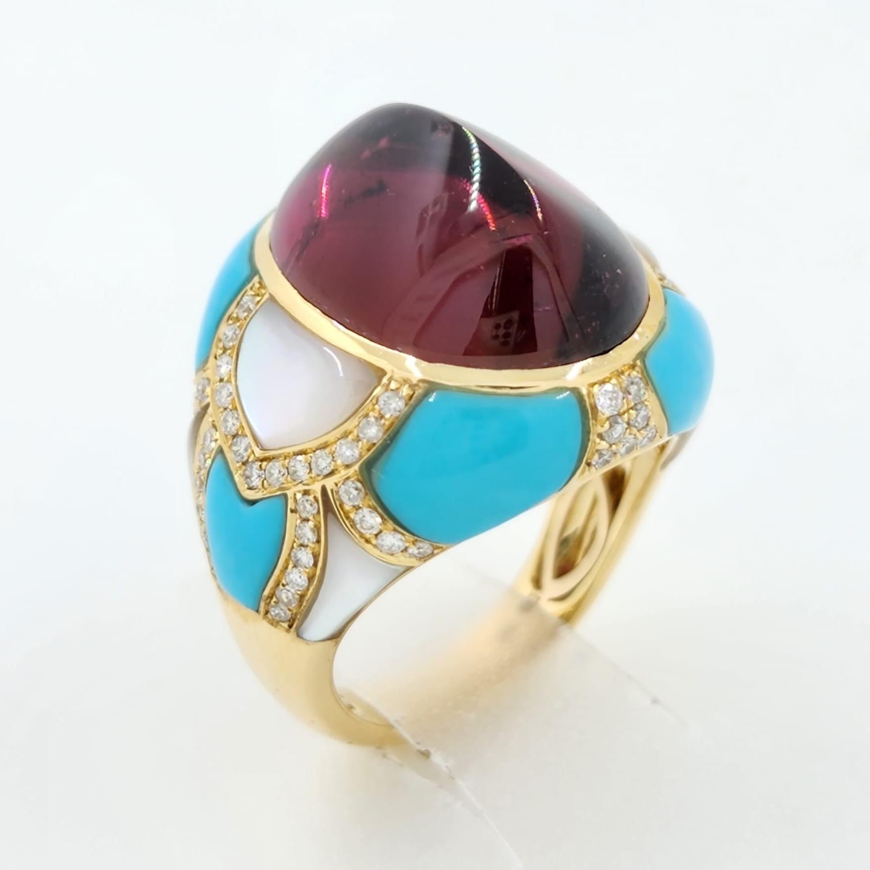 Tourmaline Turquoise Mother-of-Pearl Diamond Cocktail Ring in 18k Yellow Gold In New Condition In Hong Kong, HK