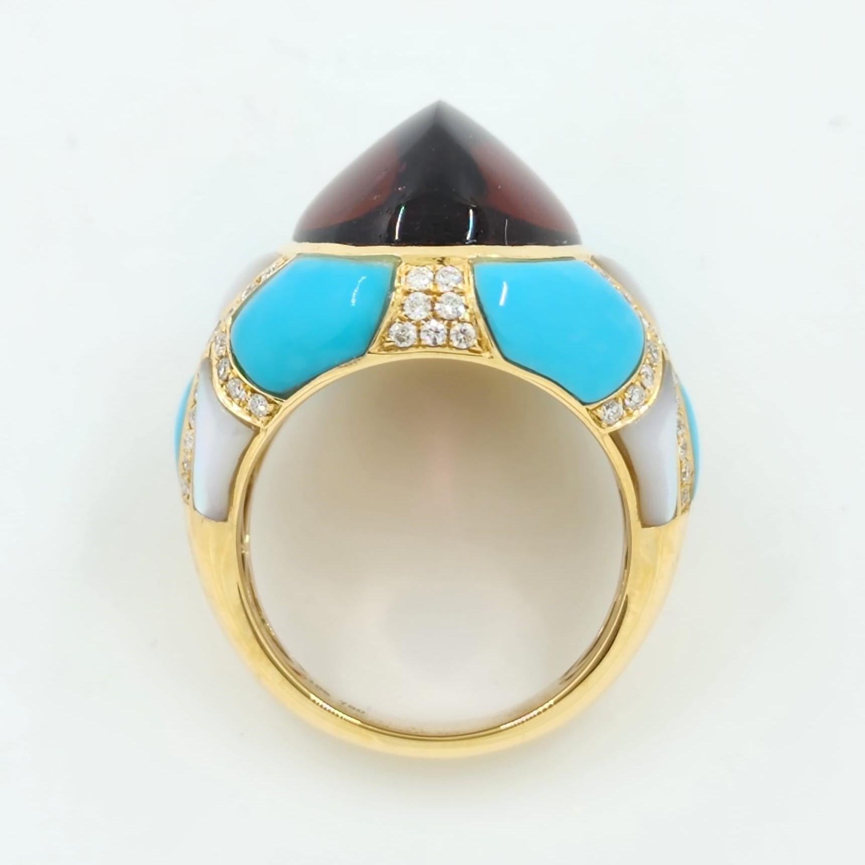 Women's Tourmaline Turquoise Mother-of-Pearl Diamond Cocktail Ring in 18k Yellow Gold