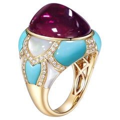 Tourmaline Turquoise Mother-of-Pearl Diamond Cocktail Ring in 18k Yellow Gold