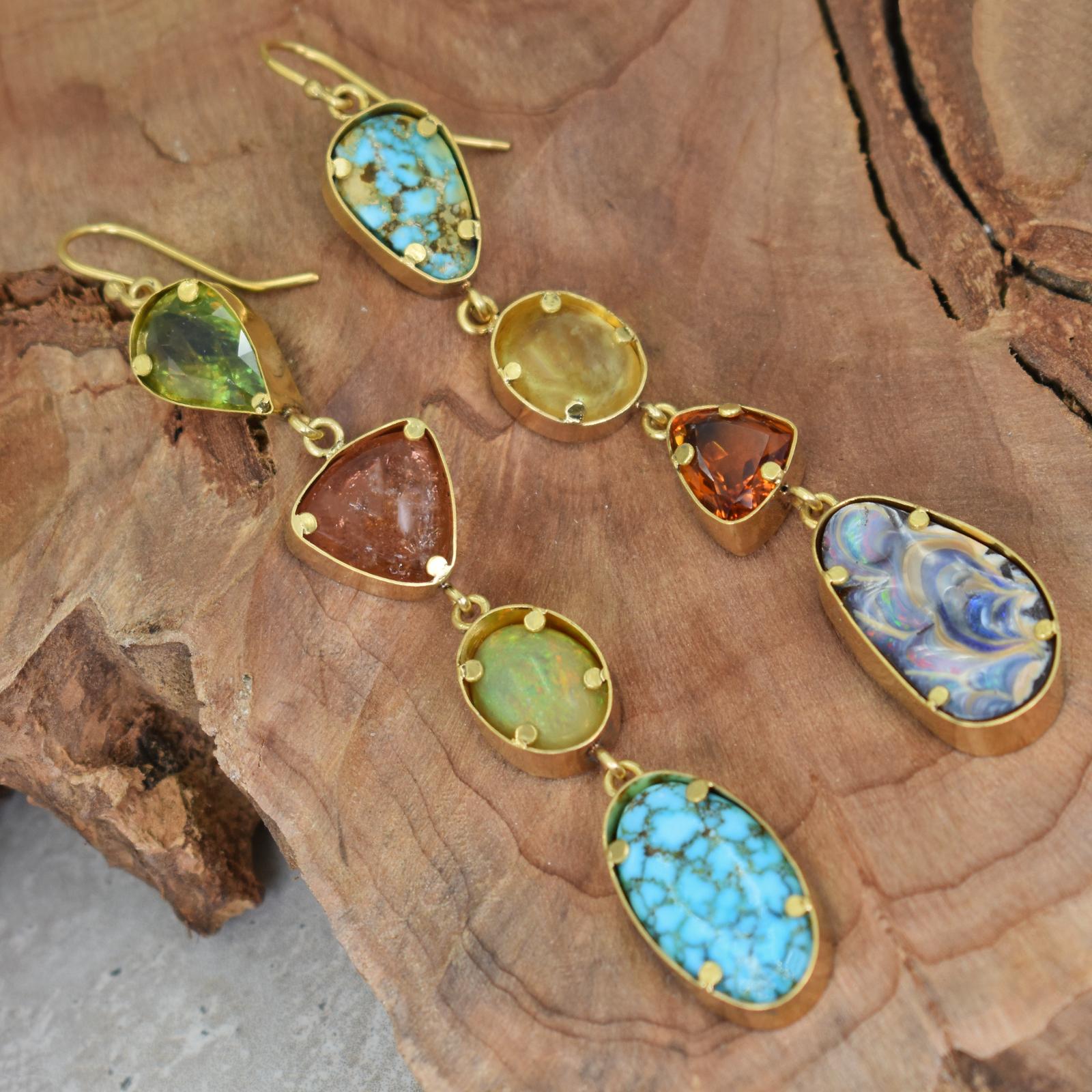 Four tier, hand forged 22k yellow gold shoulder duster earrings featuring Sphene (7.6 ct), Pink Tourmaline (7.2 ct), Ethiopian Opal (4.9 ct), Turquoise Mountain Turquoise (17.5 cttw), Yellow Tourmaline (10.1 ct), Citrine (3.9 ct), and Australian