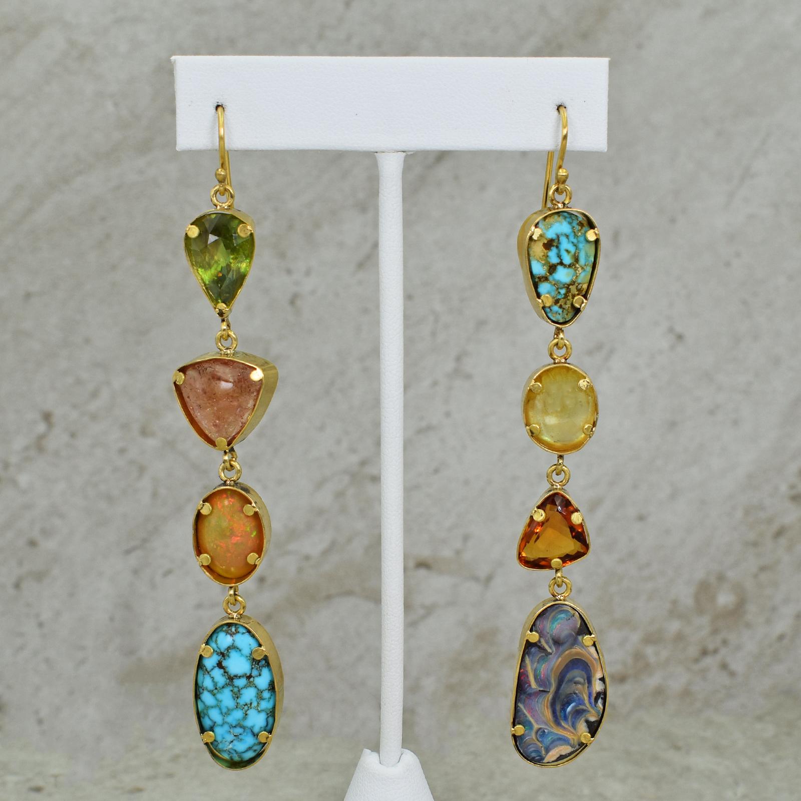 Contemporary Tourmaline, Turquoise, Opal and Citrine Multi-Gemstone 22k Gold Dangle Earrings