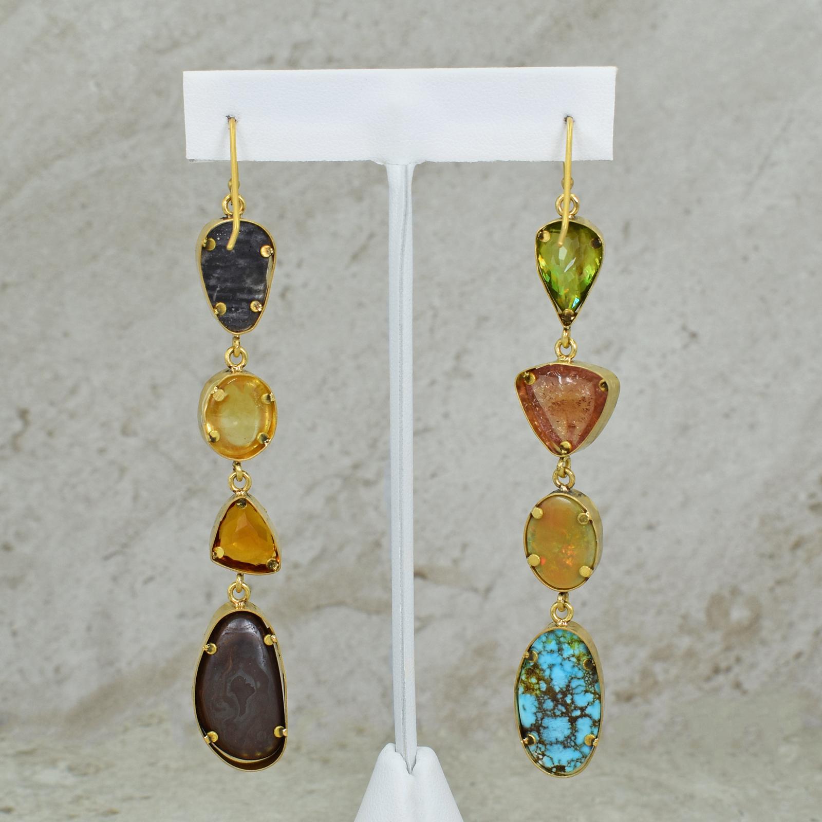 Tourmaline, Turquoise, Opal and Citrine Multi-Gemstone 22k Gold Dangle Earrings In New Condition In Naples, FL